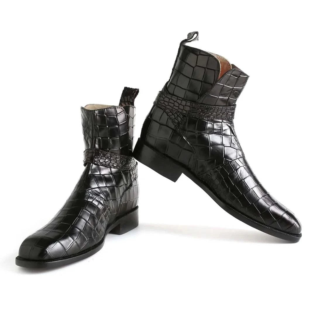 Handmade Men’s Black Alligator Textured Leather Jodhpur Boots - KNisa Premium Men's Fashion Brand