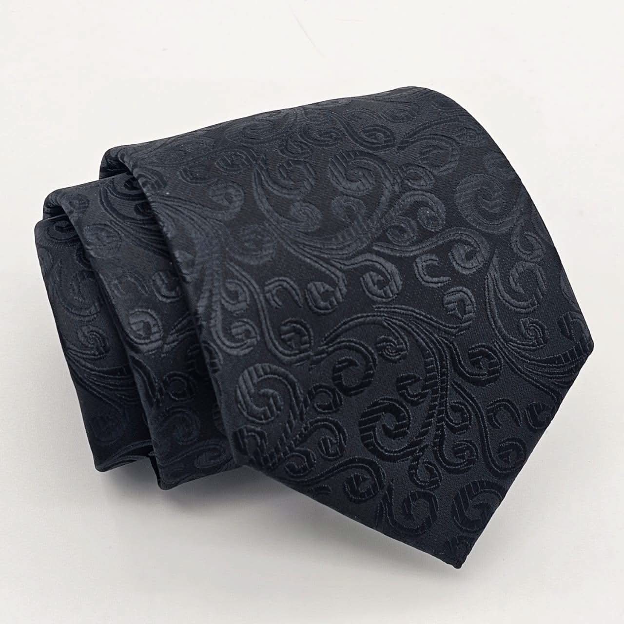 Regal Black Embroidered Swirl Tie with Pocket Square - KNisa Premium Men's Fashion Brand