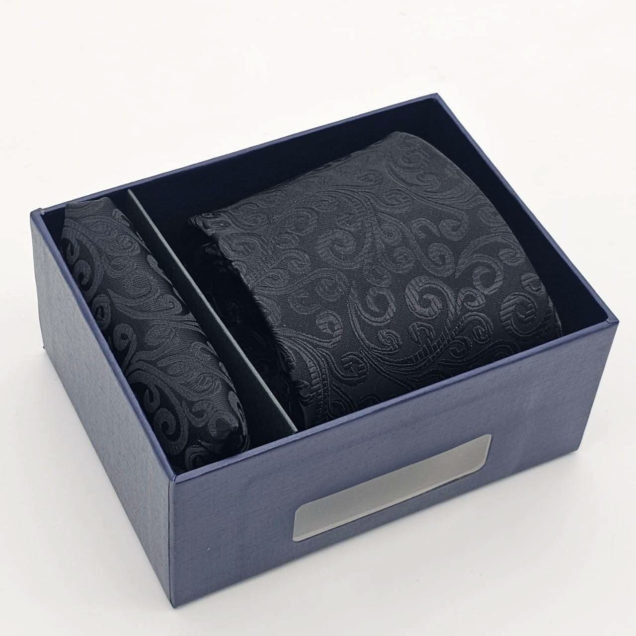 Regal Black Embroidered Swirl Tie with Pocket Square - KNisa Premium Men's Fashion Brand