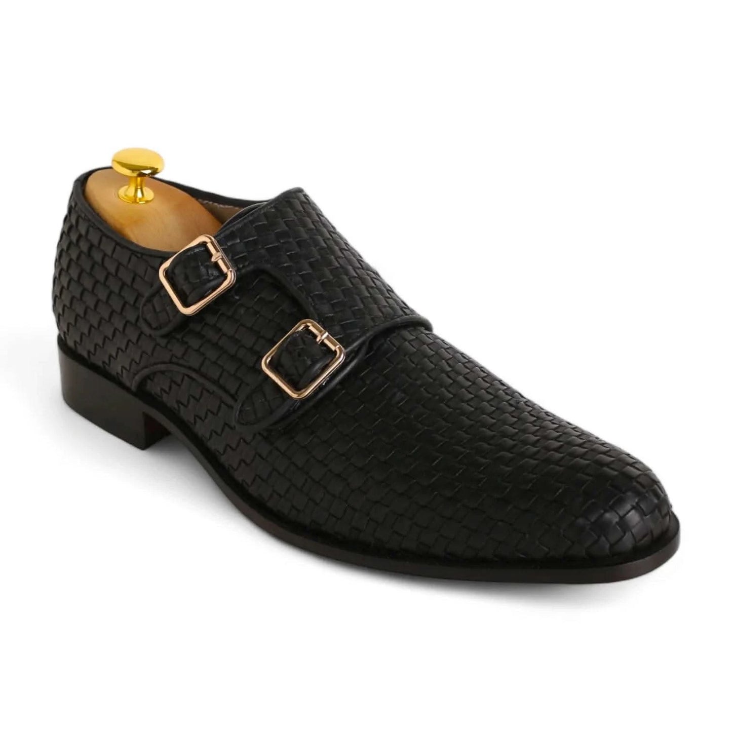 Handmade Men’s Black Double Monk Strap Hand Wooven Leather Shoes - KNisa Premium Men's Fashion Brand