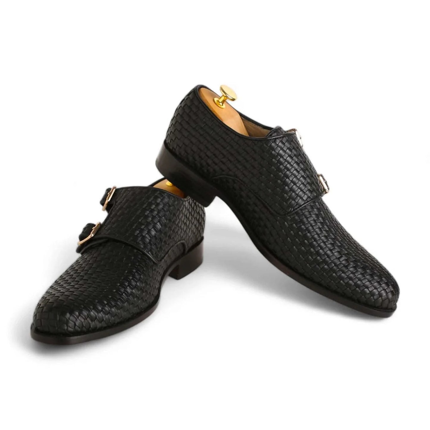 Handmade Men’s Black Double Monk Strap Hand Wooven Leather Shoes - KNisa Premium Men's Fashion Brand