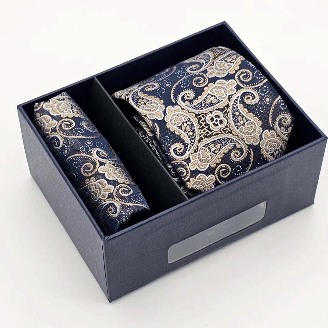 Black Beige Paisley Tie with Pocket Square - KNisa Premium Men's Fashion Brand