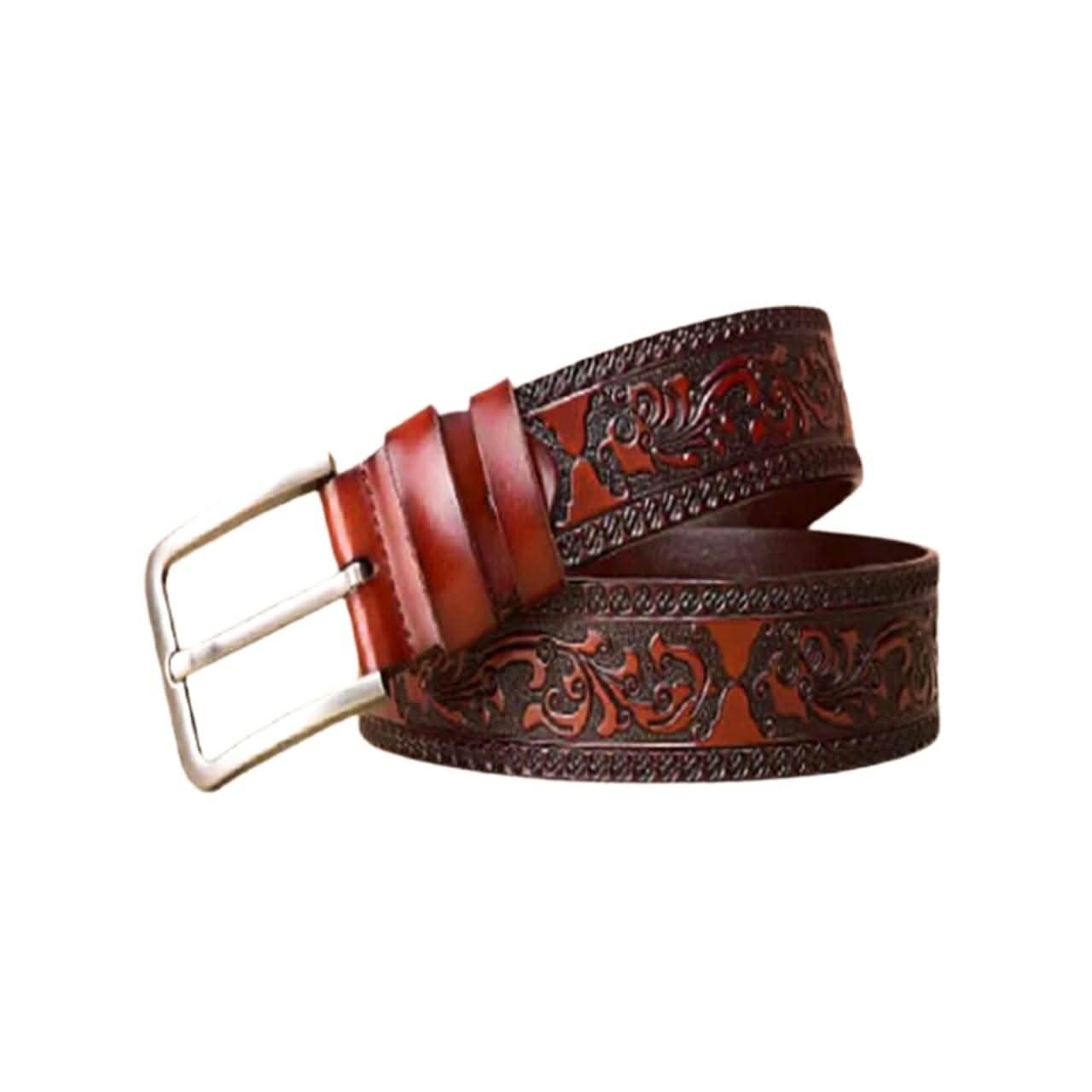 Brown Leather Belt with Intricate Pattern and Decorative Silver Buckle - KNisa Premium Men's Fashion Brand