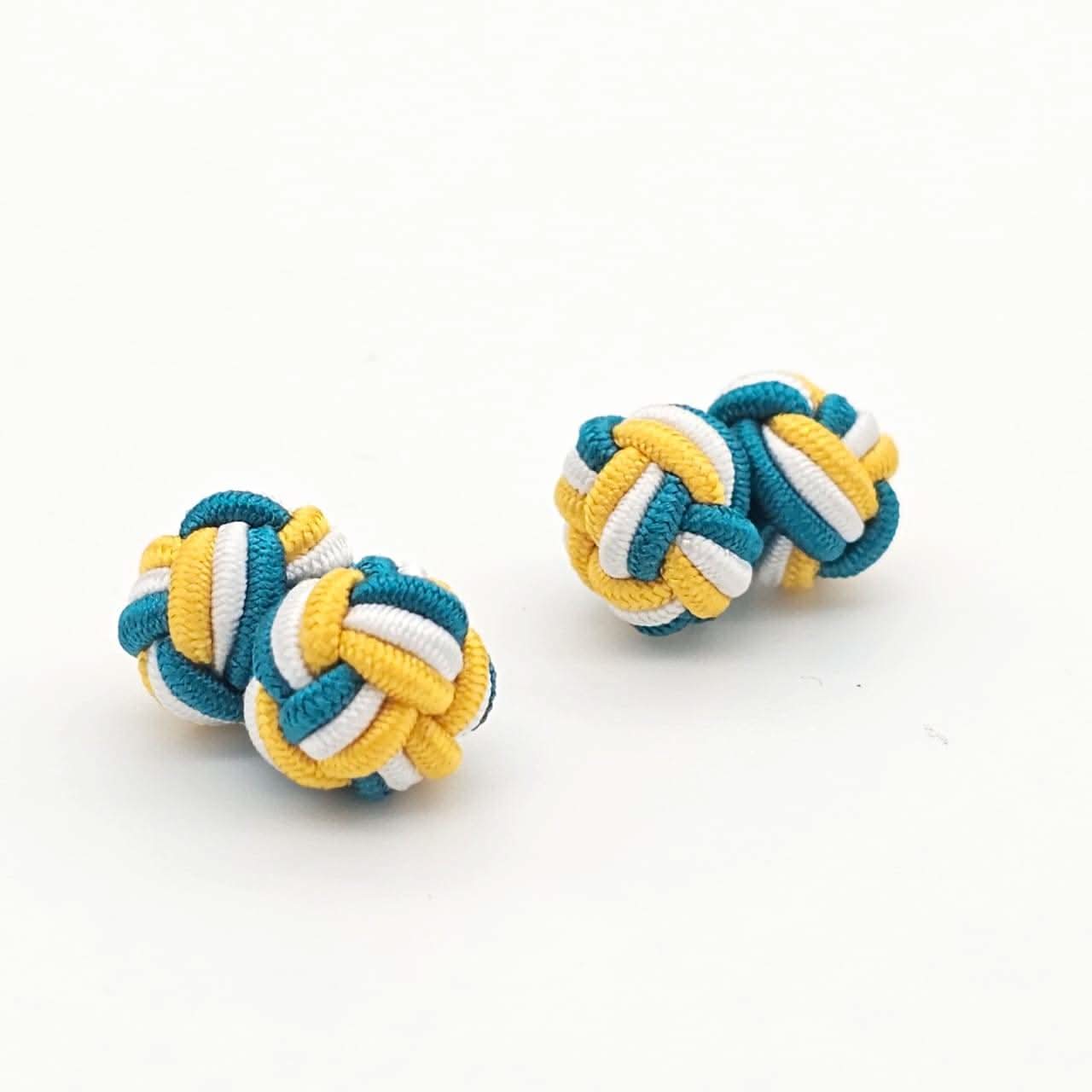 CUFFLINK SILK KNOT, TWIN-FIST, TRI-COLOR YELLOW WHITE & BLUE - KNisa Premium Men's Fashion Brand