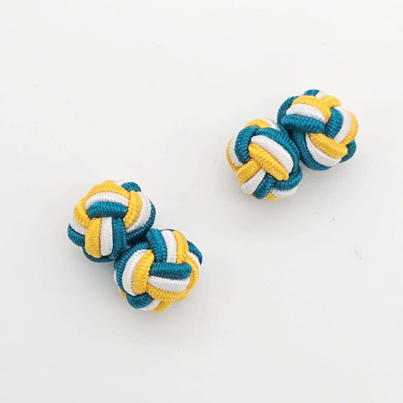 CUFFLINK SILK KNOT, TWIN-FIST, TRI-COLOR YELLOW WHITE & BLUE - KNisa Premium Men's Fashion Brand