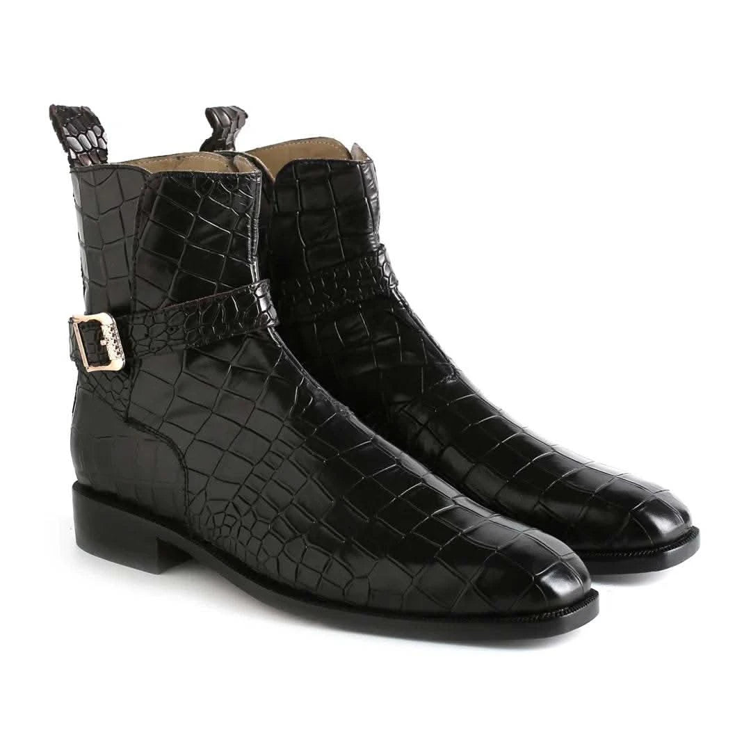 Handmade Men’s Black Alligator Textured Leather Jodhpur Boots - KNisa Premium Men's Fashion Brand