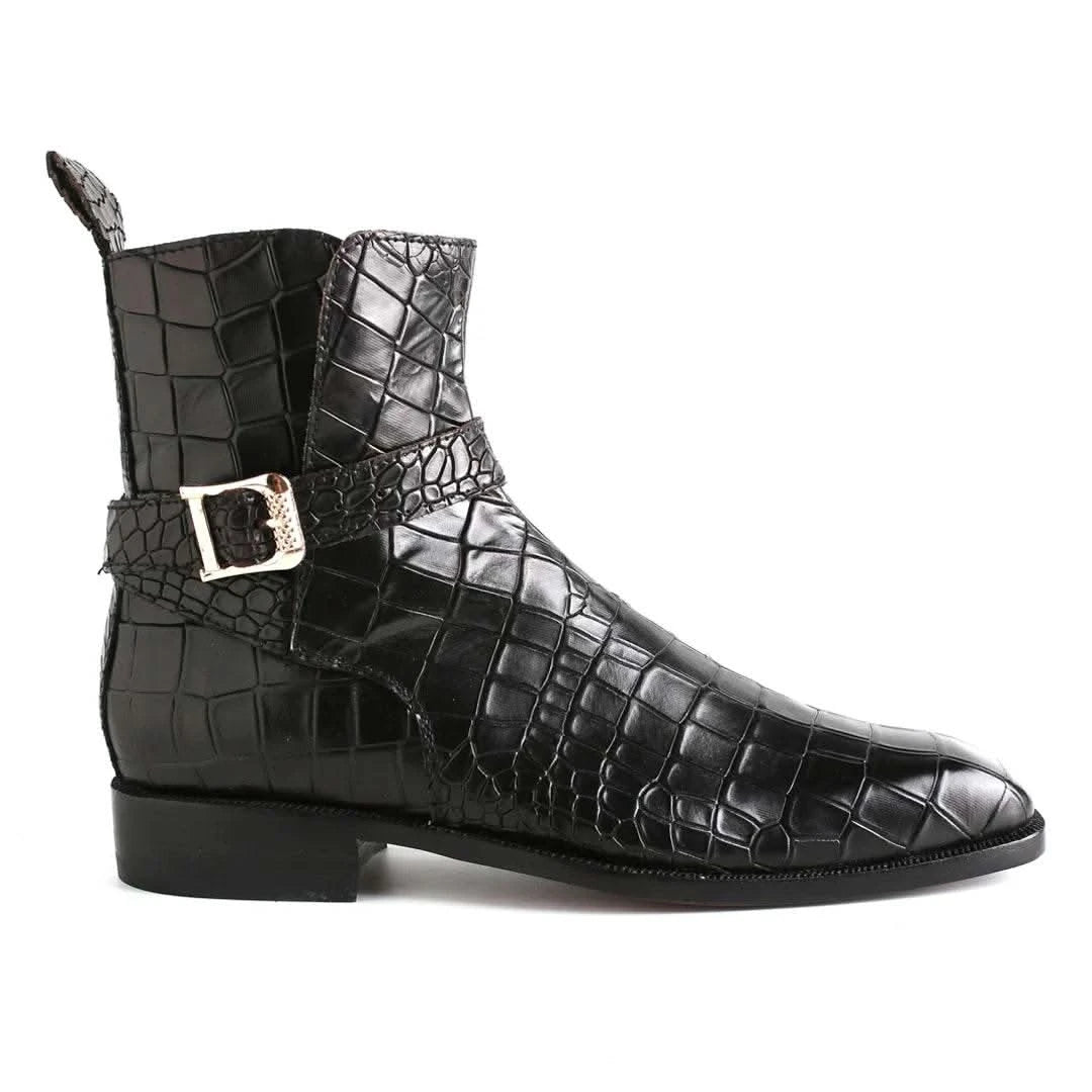 Handmade Men’s Black Alligator Textured Leather Jodhpur Boots - KNisa Premium Men's Fashion Brand