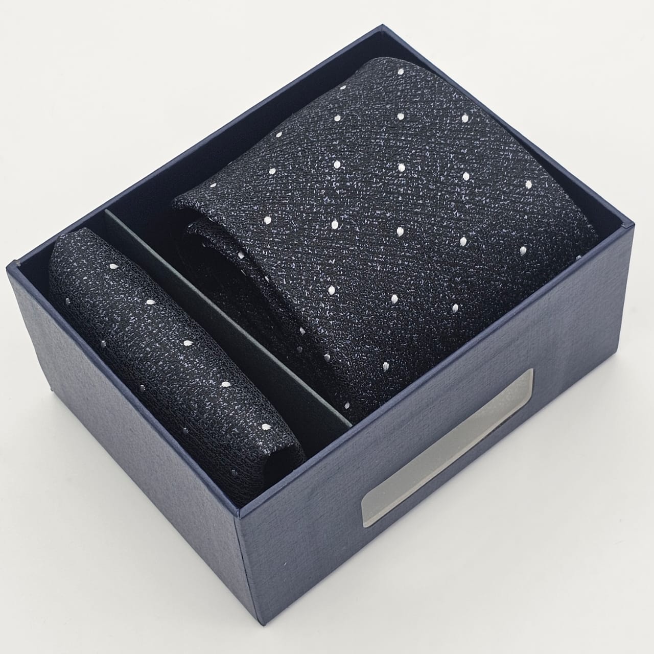 Midnight Luxe: Silver-Accented Polka Dot Tie with Matching Pocket Square