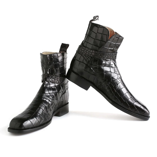 Handmade Men’s Black Alligator Textured Leather Jodhpur Boots