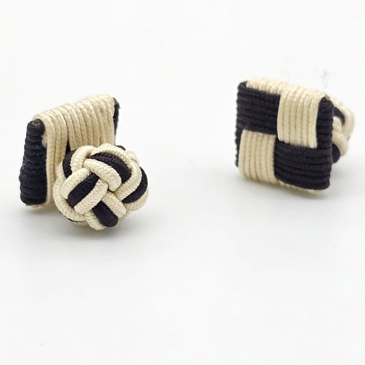 CUFFLINK SILK KNOT, SQUARE SHIELD & FIST DUAL-COLOR BLACK & CREAM