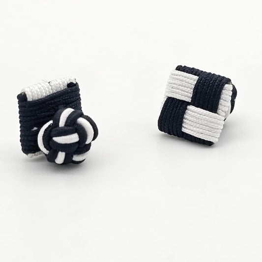 CUFFLINK SILK KNOT, SQUARE SHIELD & FIST DUAL-COLOR BLACK & WHITE