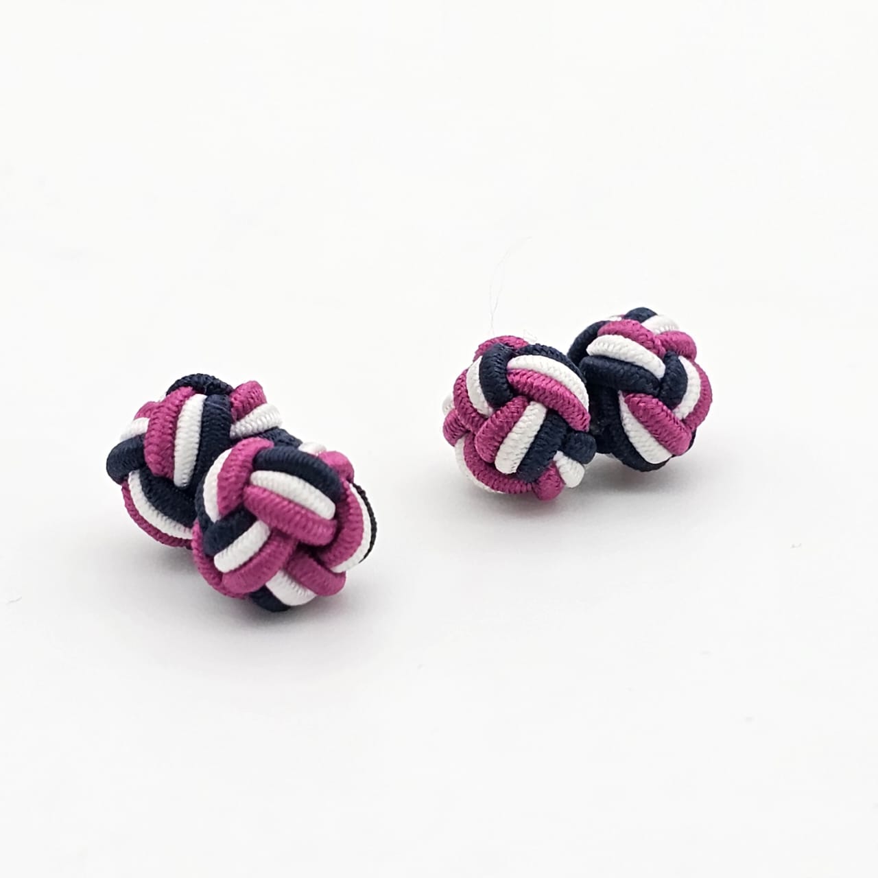 CUFFLINK SILK KNOT, TWIN-FIST, TRI-COLOR BLUE WHITE & PINK