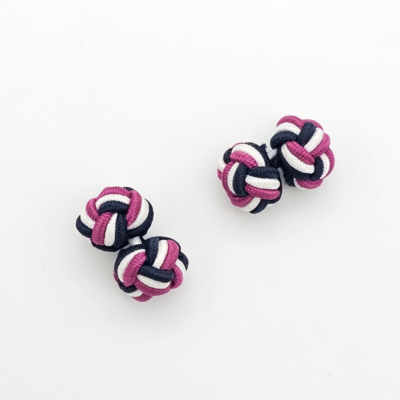 CUFFLINK SILK KNOT, TWIN-FIST, TRI-COLOR BLUE WHITE & PINK