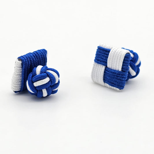 CUFFLINK SILK KNOT, SQUARE SHIELD & FIST DUAL-COLOR BLUE & WHITE