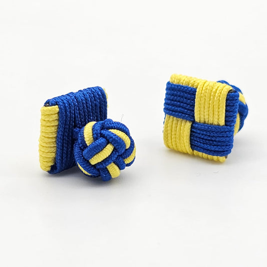 CUFFLINK SILK KNOT, SQUARE SHIELD & FIST DUAL-COLOR BLUE & YELLOW