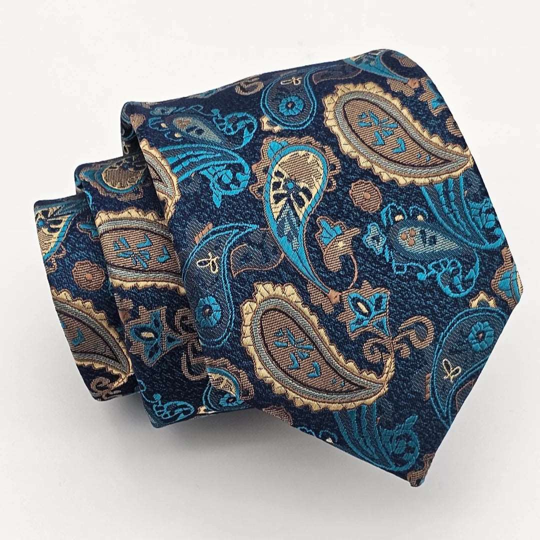 Dark Blue Green Pasely Tie with Pocket Square