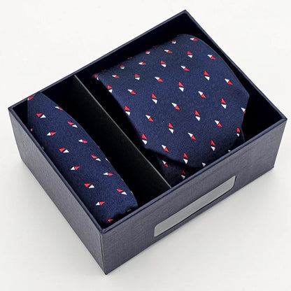 Dark Blue Tie Red n White Detail with Pocket Square