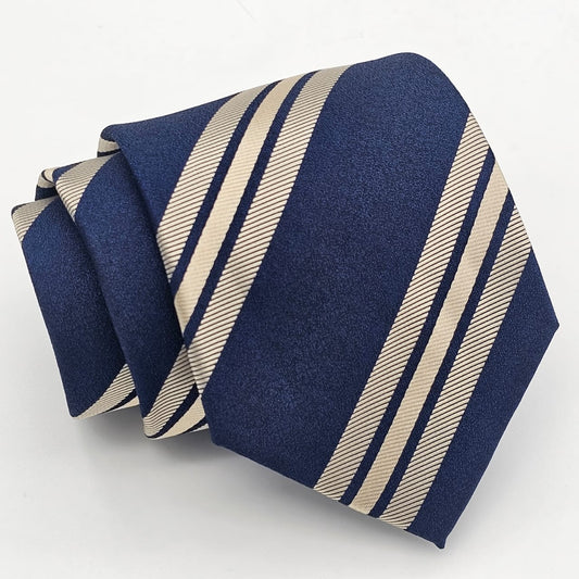 Prestige Navy Blue Tie with Beige Elegance Stripes