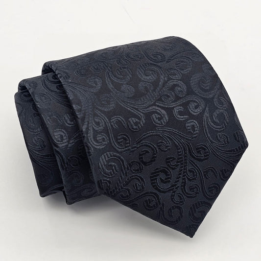 Regal Black Embroidered Swirl Tie with Pocket Square