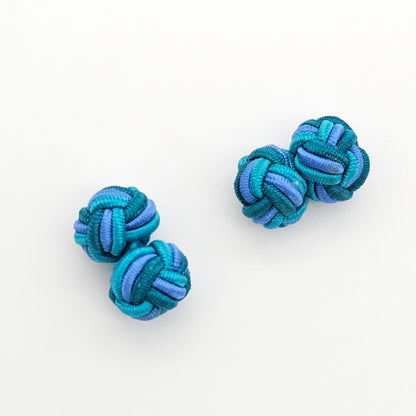 CUFFLINK SILK KNOT, TWIN-FIST, TRI-COLOR LIGHT BLUE RAINBOW