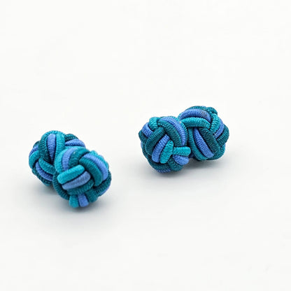 CUFFLINK SILK KNOT, TWIN-FIST, TRI-COLOR LIGHT BLUE RAINBOW