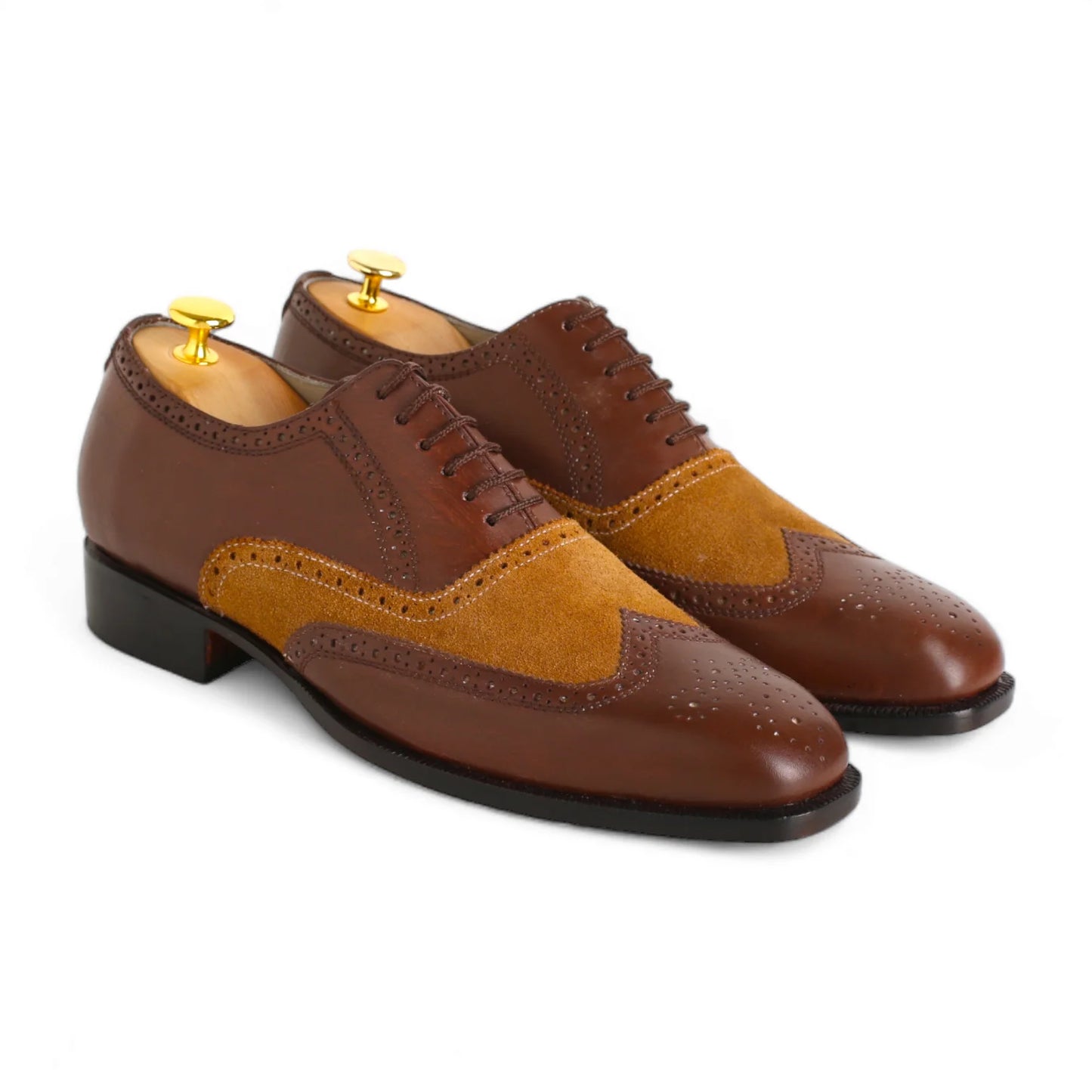 Handmade Men’s Brown Calf Leather and Camel Kid Suede Oxford Shoes