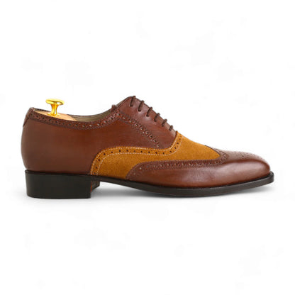 Handmade Men’s Brown Calf Leather and Camel Kid Suede Oxford Shoes