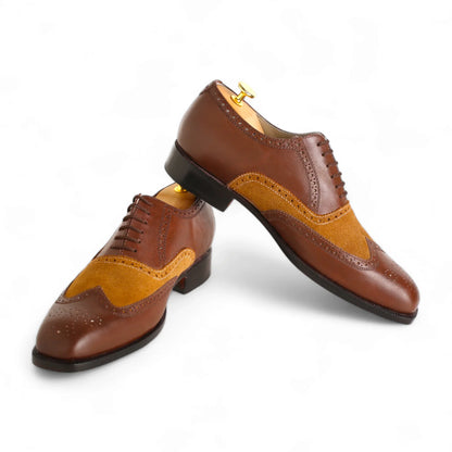 Handmade Men’s Brown Calf Leather and Camel Kid Suede Oxford Shoes