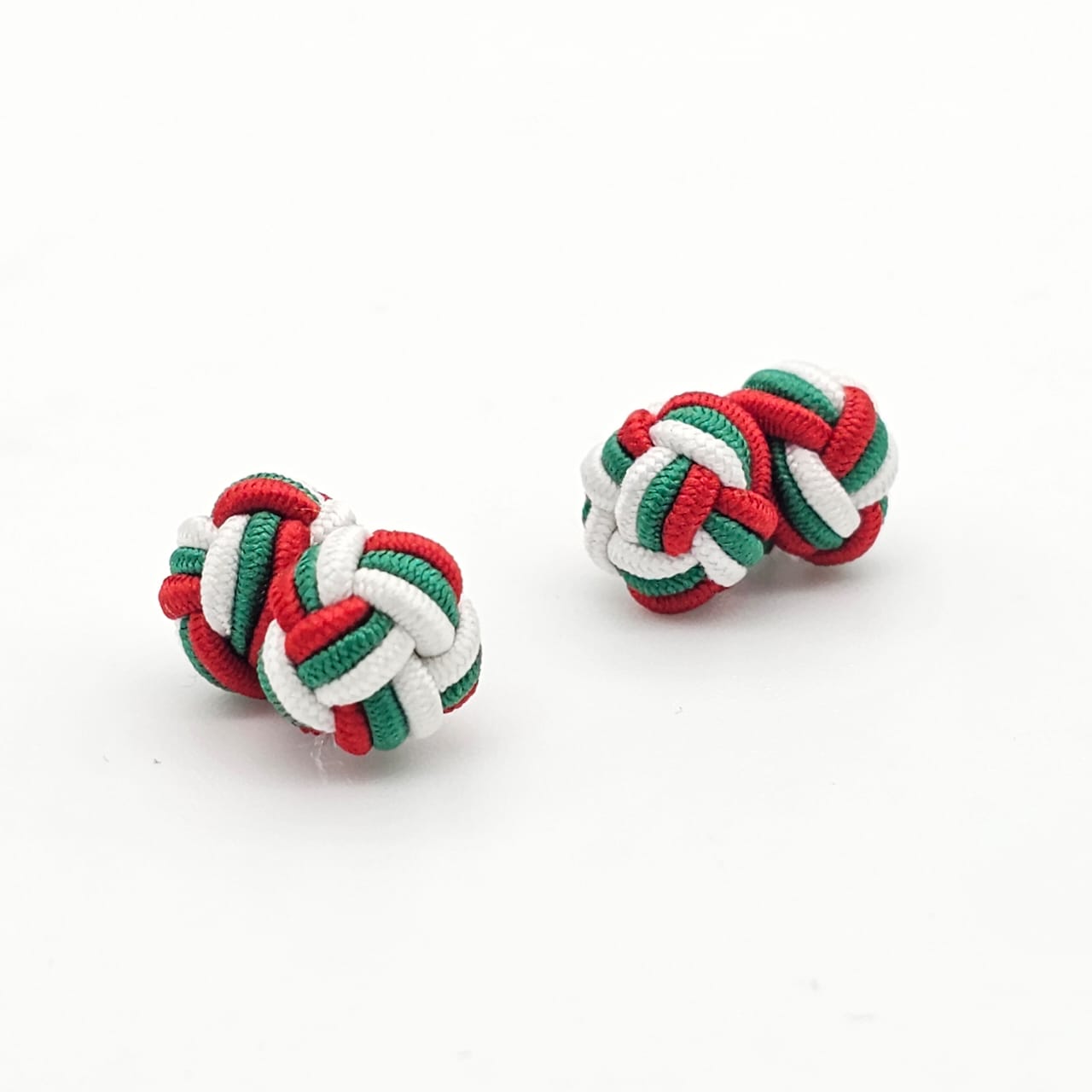 CUFFLINK SILK KNOT, TWIN-FIST, TRI-COLOR RED GREEN & WHITE