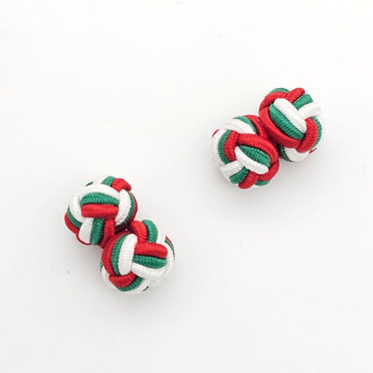 CUFFLINK SILK KNOT, TWIN-FIST, TRI-COLOR RED GREEN & WHITE