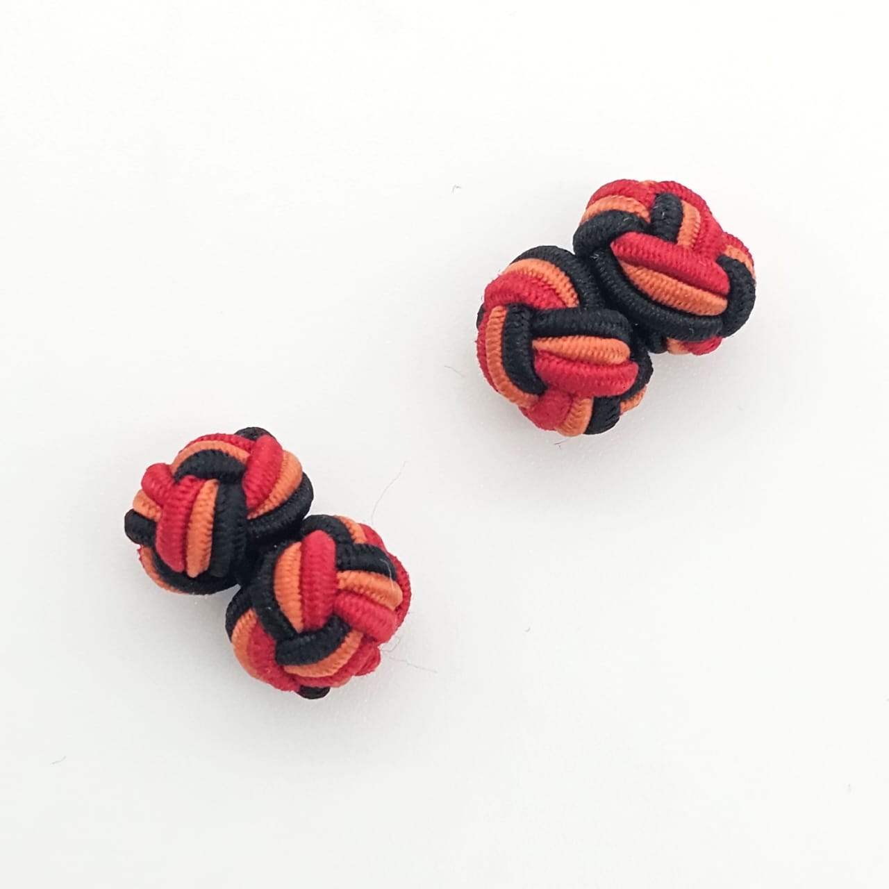 CUFFLINK SILK KNOT, TWIN-FIST, TRI-COLOR RED ORANGE & BLACK