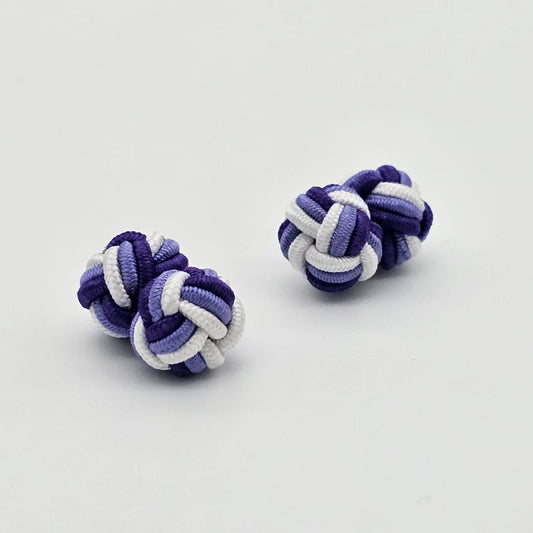 CUFFLINK SILK KNOT, TWIN-FIST, TRI-COLOR SHADES OF PURPE & WHITE