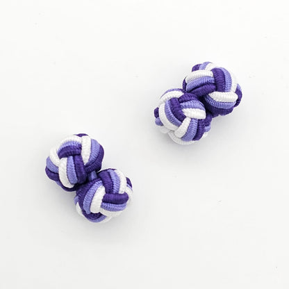 CUFFLINK SILK KNOT, TWIN-FIST, TRI-COLOR SHADES OF PURPE & WHITE