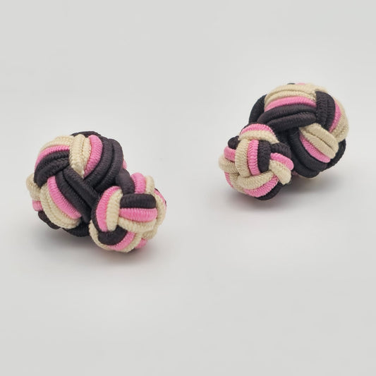 CUFFLINK SILK KNOT, BIG & SMALL DUAL FIST TRI-COLOR BLACK WHITE & PINK