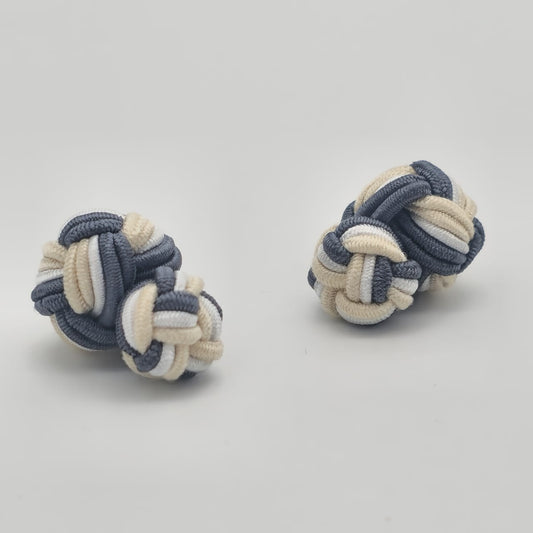 CUFFLINK SILK KNOT, BIG & SMALL DUAL FIST TRI-COLOR CREAM WHITE & GREY