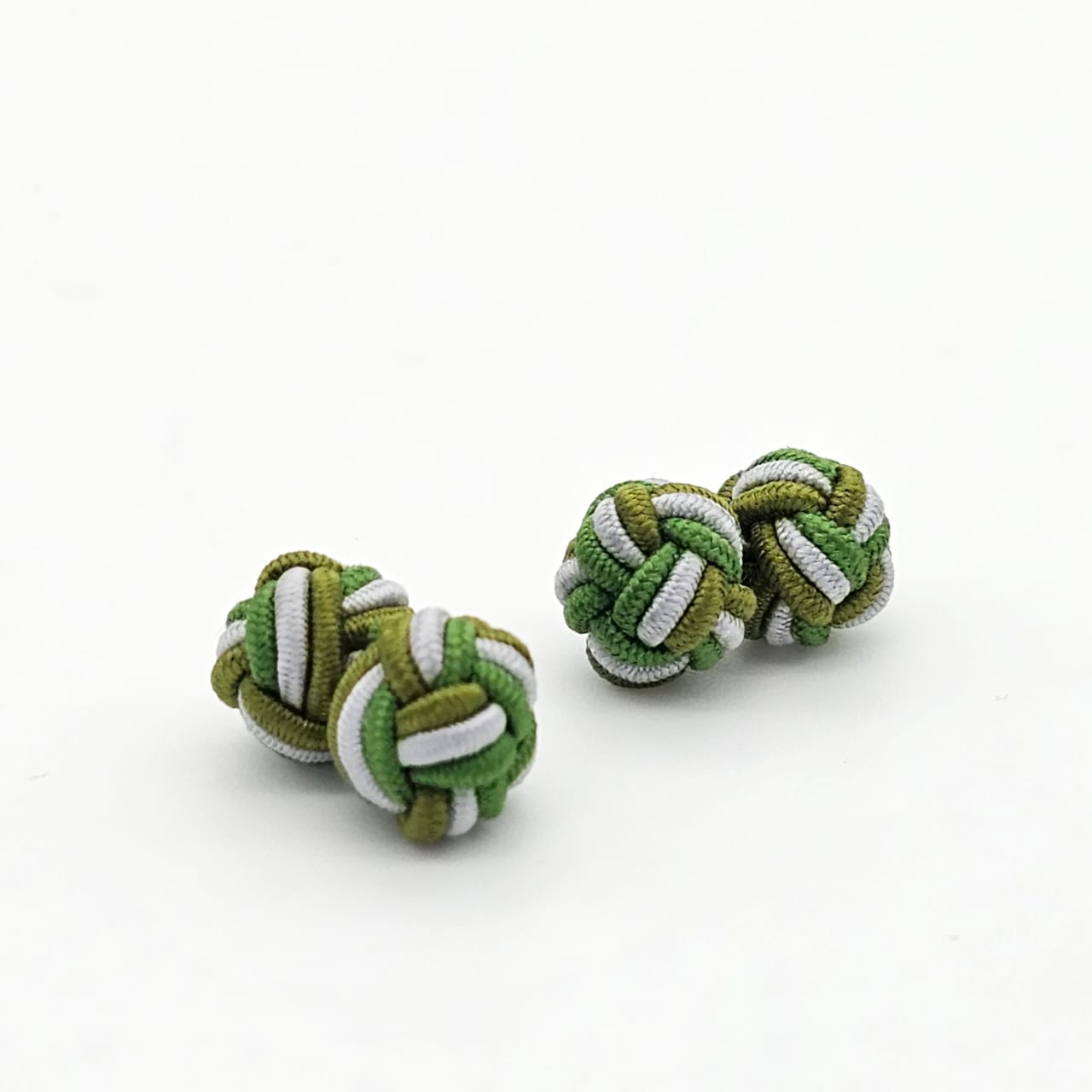 CUFFLINK SILK KNOT, TWIN-FIST, TRI-COLOR TWO SHADES OF GREEN & WHITE