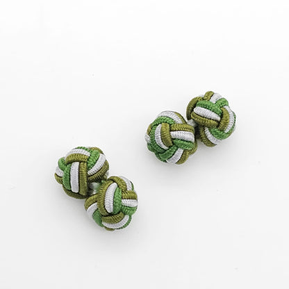 CUFFLINK SILK KNOT, TWIN-FIST, TRI-COLOR TWO SHADES OF GREEN & WHITE