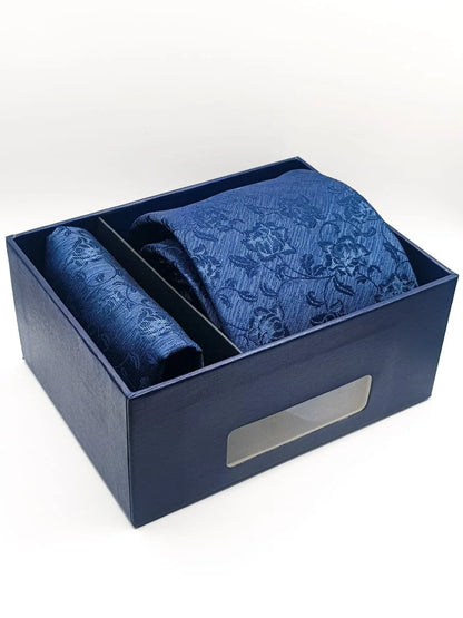 Elegant Blue Blossom Tie With Pocket Square