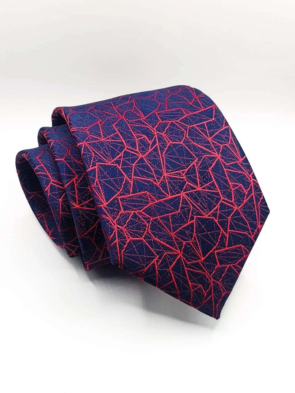 Geometric Blue and Red Striped Tie With Pocket Square