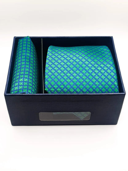 Stylish Geometric Greens Tie With Pocket Square