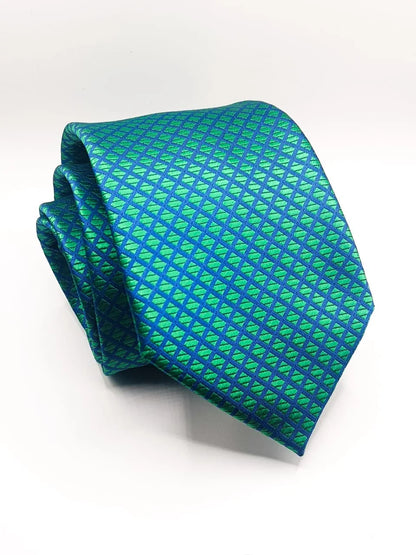 Stylish Geometric Greens Tie With Pocket Square