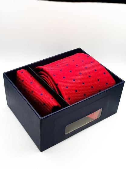 Polka Dot Red Tie With Pocket Square