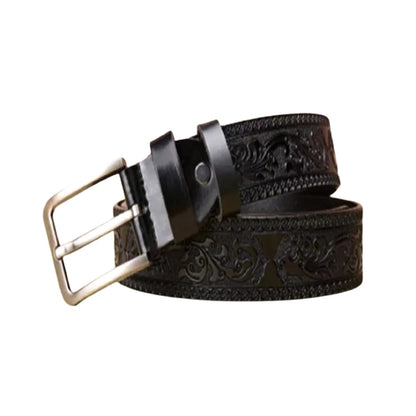 Black Leather Belt with Intricate Pattern and Decorative Silver Buckle