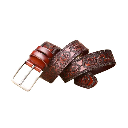 Brown Leather Belt with Intricate Pattern and Decorative Silver Buckle