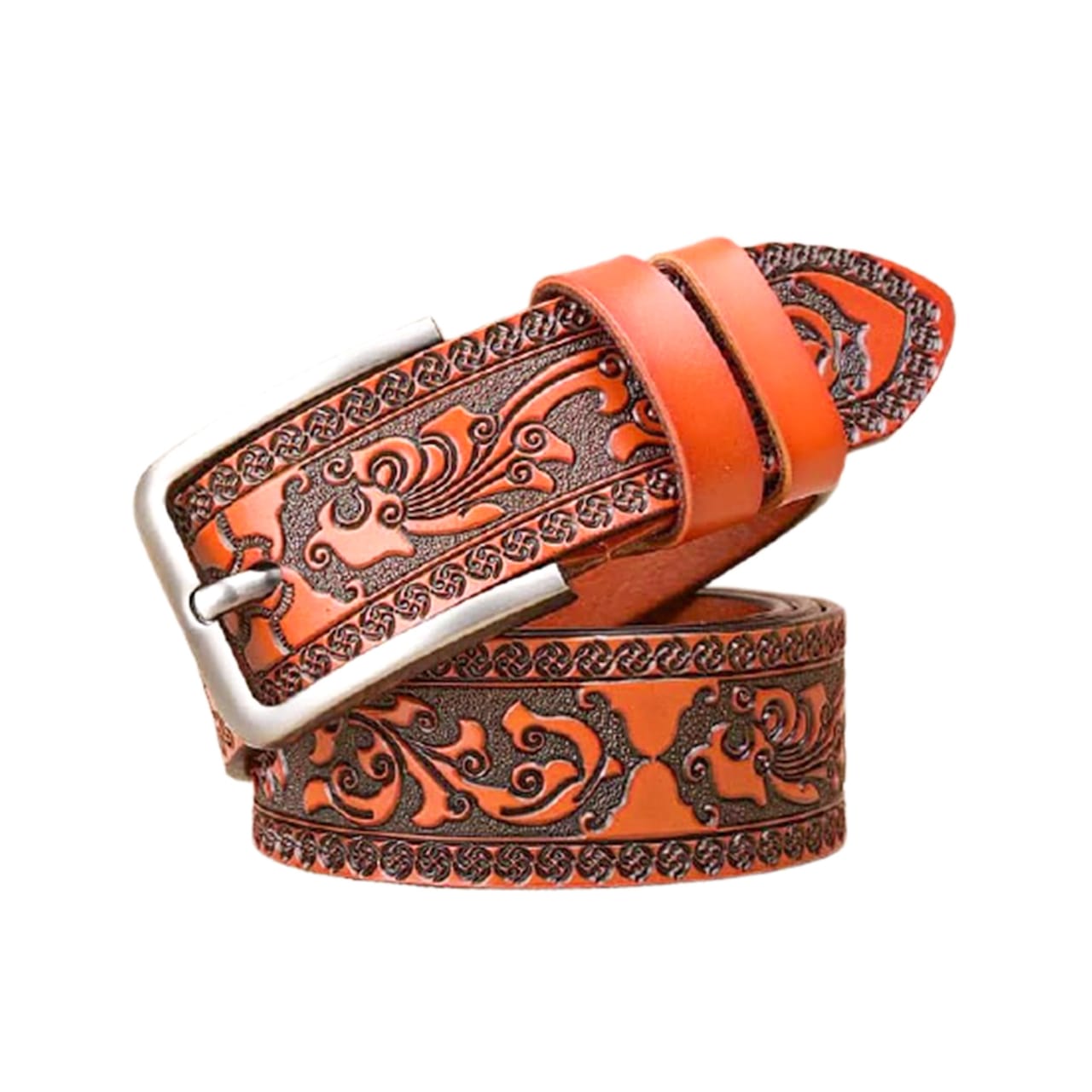 Light-Brown Leather Belt with Intricate Pattern and Decorative Silver Buckle