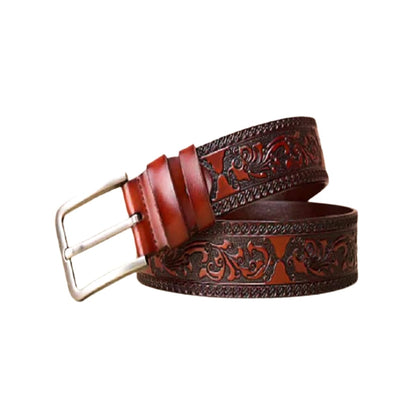 Brown Leather Belt with Intricate Pattern and Decorative Silver Buckle