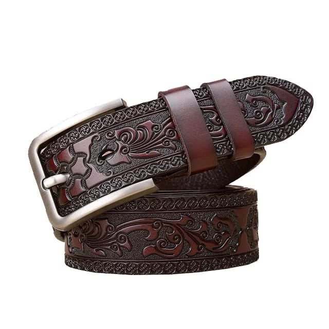 Chocolate Brown Leather Belt with Intricate Pattern and Decorative Silver Buckle