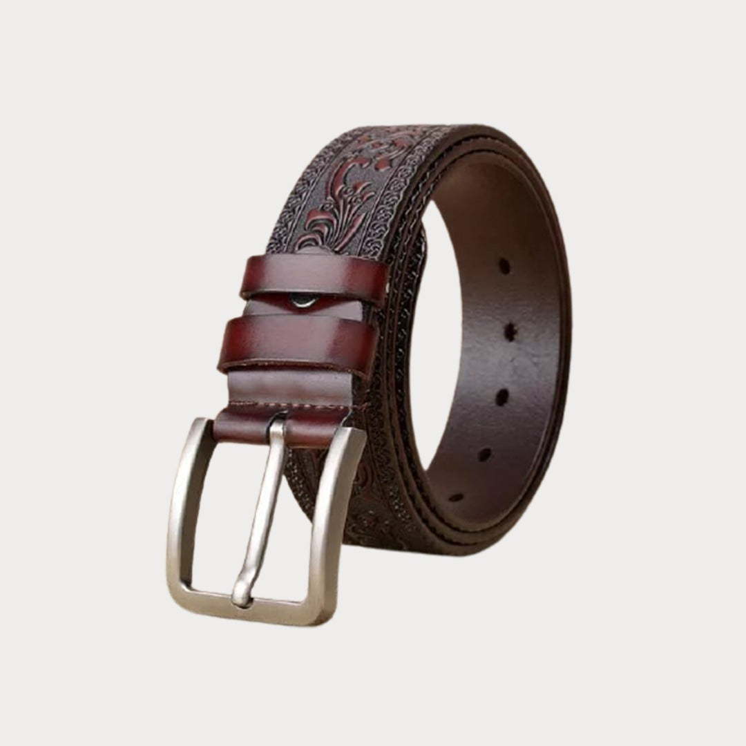 Chocolate Brown Leather Belt with Intricate Pattern and Decorative Silver Buckle