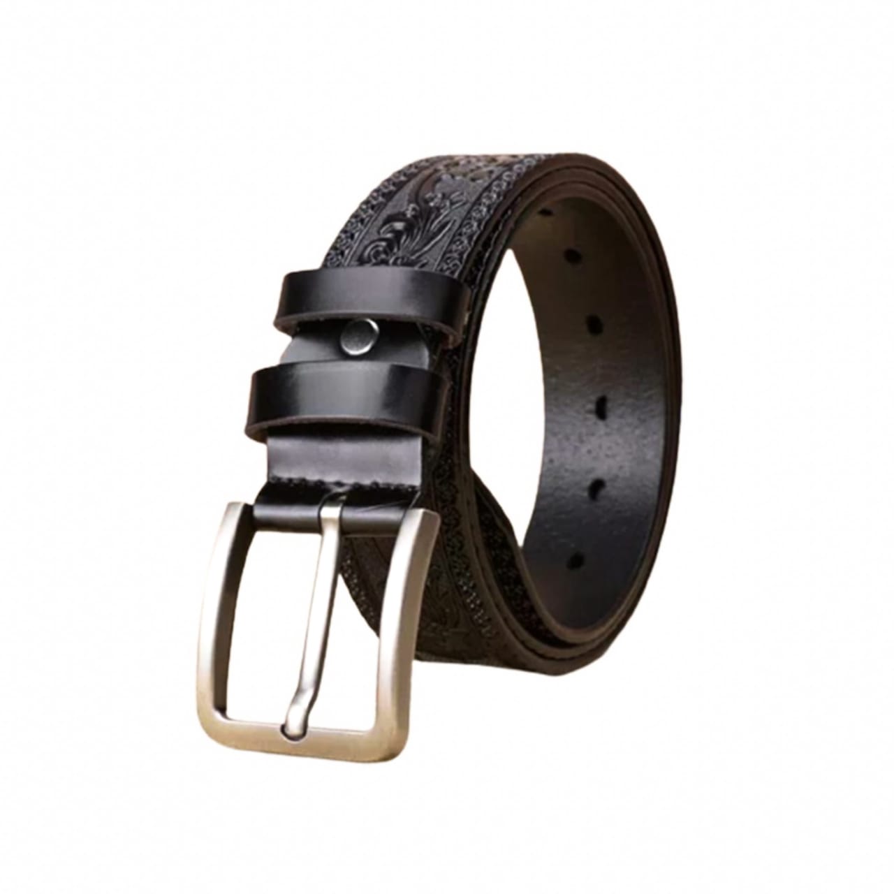 Black Leather Belt with Intricate Pattern and Decorative Silver Buckle