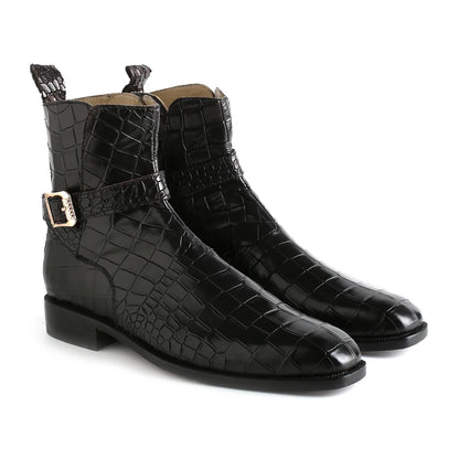 Handmade Men’s Black Alligator Textured Leather Jodhpur Boots